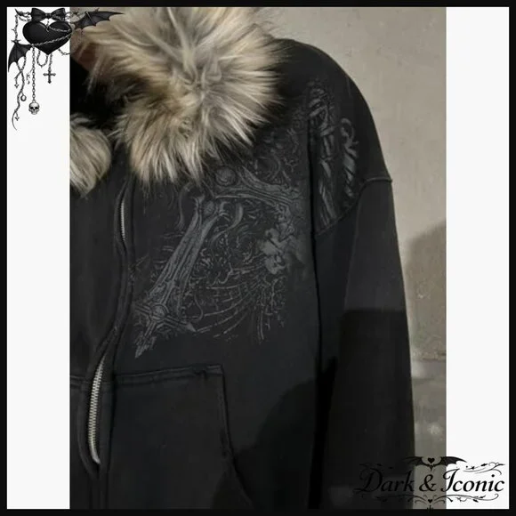 Oversized Zip Up Hoodie with Faux Fur Hood, Grunge Streetwear Jacket
